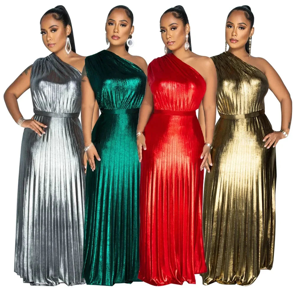 Elegant Women Even Dresses Luxury Maxi Long Metallic Pleated Dress One Shoulder Sleeveless Premium Shiny Shimmer Gowns