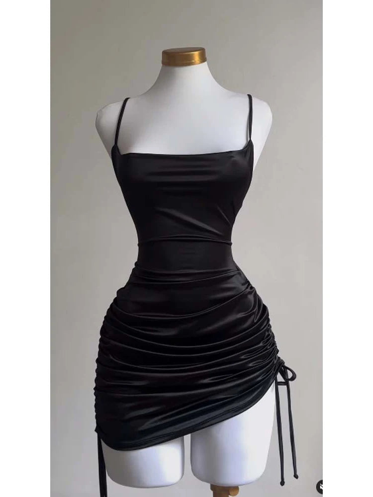 Sexy Sleeveless Backless Bodycon Mini Dress Women Summer Satin Lace Up Party Club Dresses Streetwear Evening Black Y2K 2025 Robe