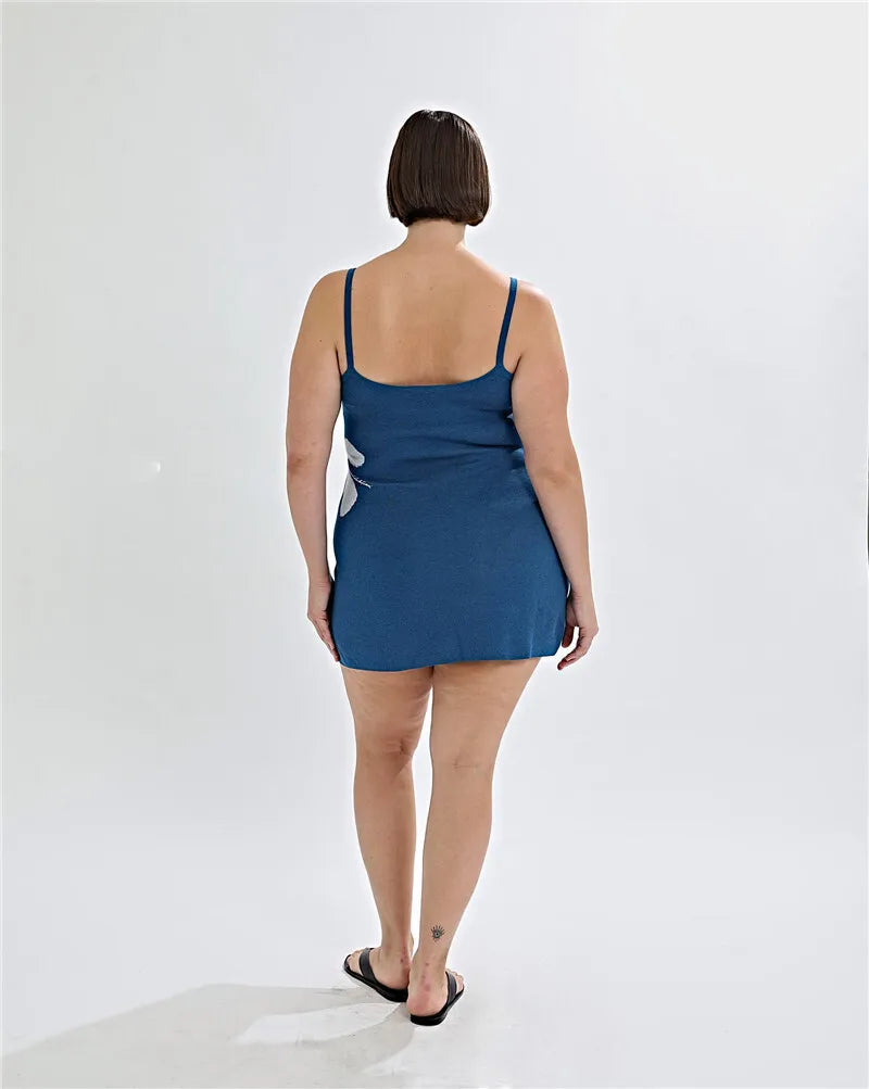 Mozision Spaghetti Strap Print Knit Mini Dress For Woman Robe Summer New Sleeveless Backless Beach Holiday Club Dress Knitwear