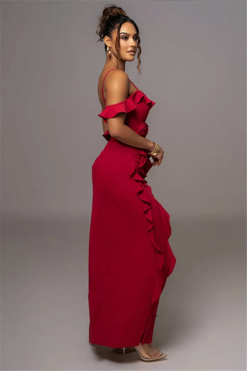 Mozision Elegant Ruffle Sexy Maxi Dress Women Spaghetti Strap Flower Sleeveless Backless High Split Club Party Evening Dress