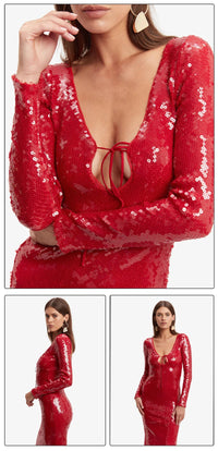 VC Summer New Women's Sexy Deep V-Neck Sequins Long Dress Long Sleeves Cut Out Strings Tied Elegant Luxury Celebrity Party Gowns