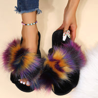 Flat Long Wool Warm Color Matching Plush Slippers