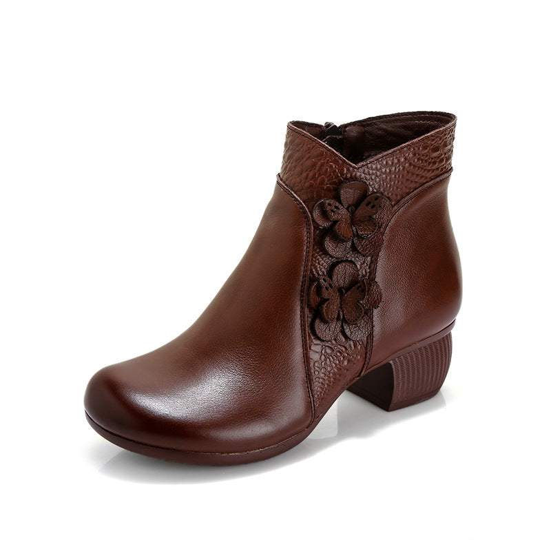Soft Surface Cattlehide Leather Fashion Medium Chunky Heel Flower Martin Boots