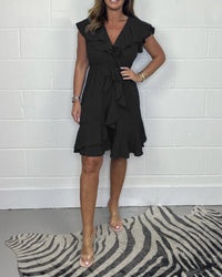 V-neck Waist-controlled Skirt Ruffled Solid Color Dress Women