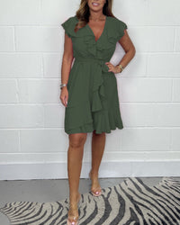 V-neck Waist-controlled Skirt Ruffled Solid Color Dress Women