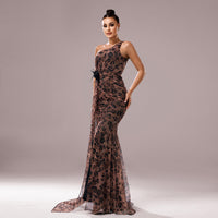 One-shoulder Diagonal Collar Leopard Sequined Evening Dress