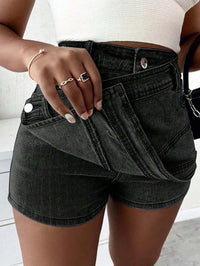 Grunge Punk Street New Vintage Stretchy Overlap Waist Wrap Asymmetric Hem A-Line Skinny Denim Skorts Halloween Clothes Jeans