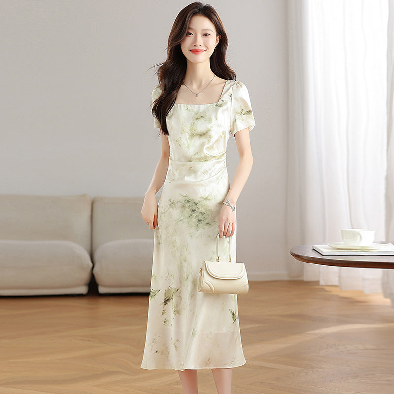 French Square Collar Silk Satin Printed Dress