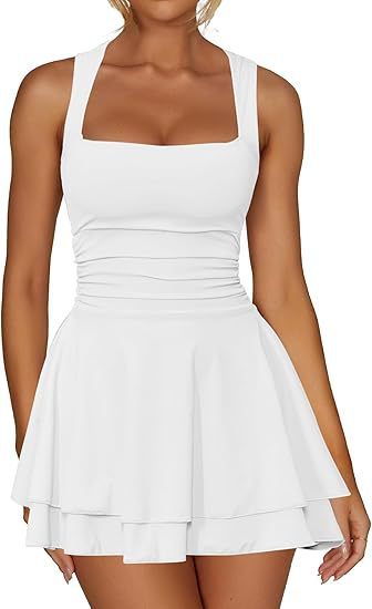 Women's Square Collar Waist Pleated Hem Mini Short Dress