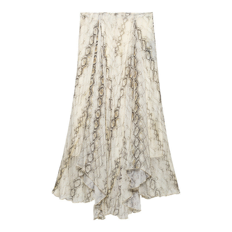Spring And Summer European And American Style Snake Print Wide Hem Midi Skirt