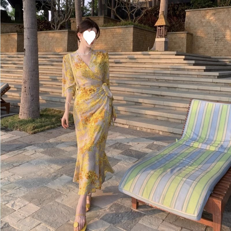 Internet Celebrity Yellow Battle Robe French Style Floral Tea Dress