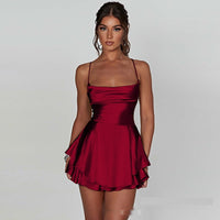 Sexy Backless Drawstring Pleated Mini Women Dress