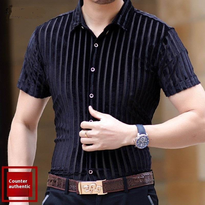 Short Sleeve Hollow Men's Shirt Flocking Embroidered Shirt