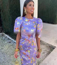 Crew Neck Split Lantern Sleeve Sexy Print Women's Dress