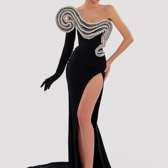 Rhinestone Design Split Shoulder Sleeveless Black Dress