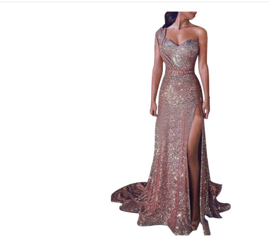 European and American women's sexy one-shoulder sleeveless bronzing dress slit long skirt