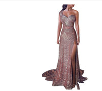 European and American women's sexy one-shoulder sleeveless bronzing dress slit long skirt