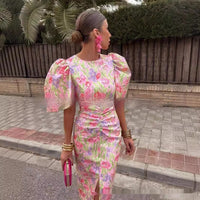 Crew Neck Split Lantern Sleeve Sexy Print Women's Dress