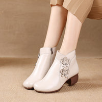 Soft Surface Cattlehide Leather Fashion Medium Chunky Heel Flower Martin Boots