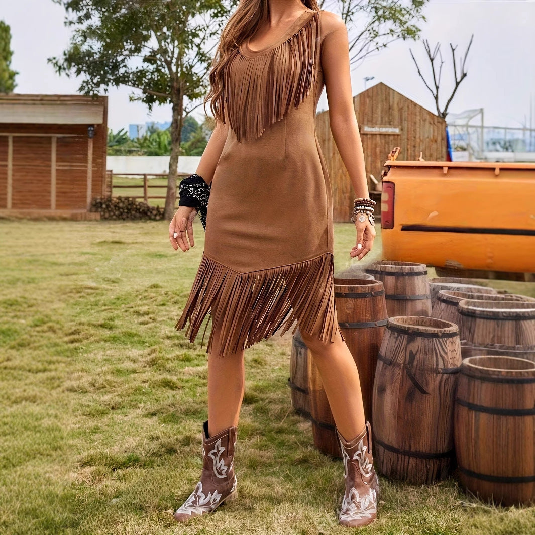 Women's Leisure Vacation Western Style Suede Subcutaneous Fringe Dress