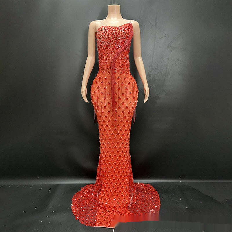 Niche Design Oblique Light Diamond Trailing Dress