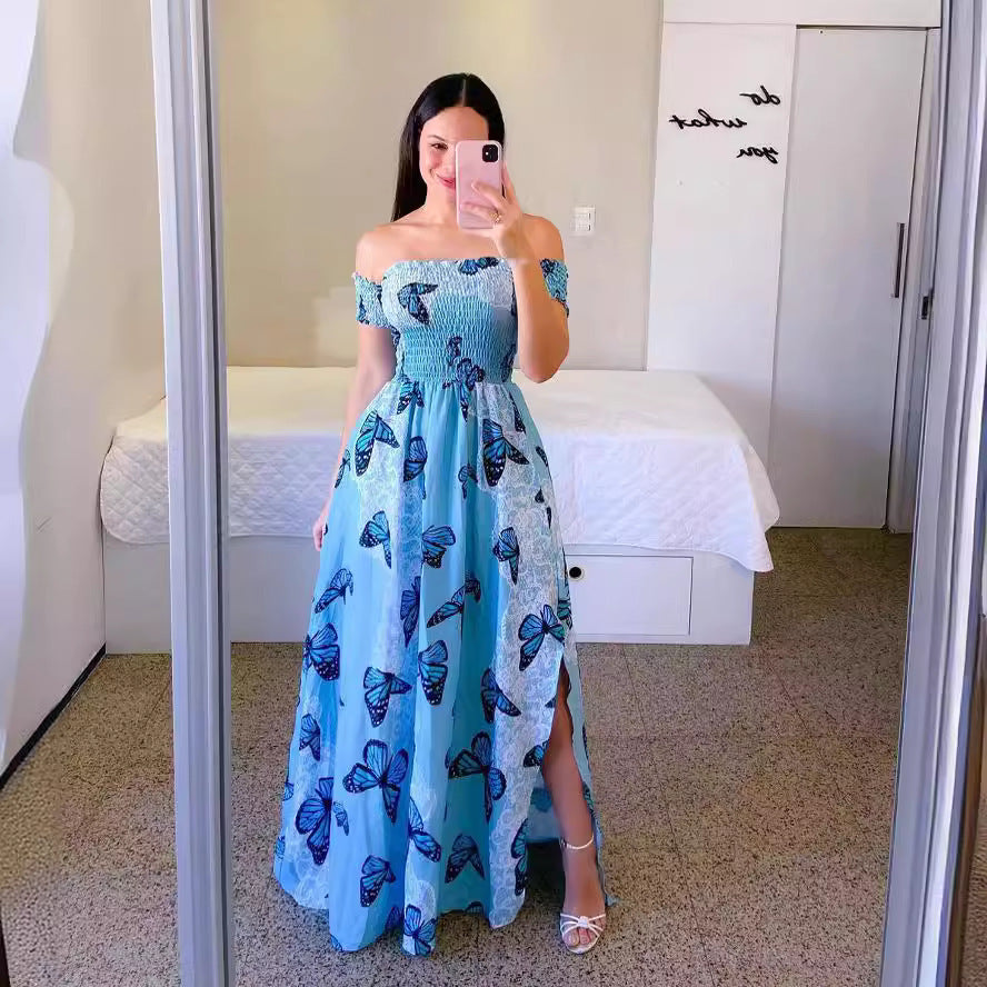 Off-shoulder Printed Butterfly Rainbow Dress