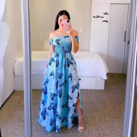 Off-shoulder Printed Butterfly Rainbow Dress