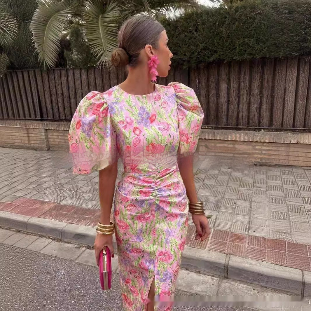 Crew Neck Split Lantern Sleeve Sexy Print Women's Dress