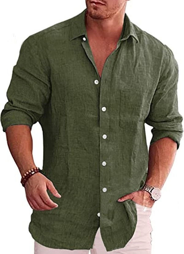 Men's Loose Plus Size Solid Color Shirt Linen Lapel Long Sleeve Casual Shirt