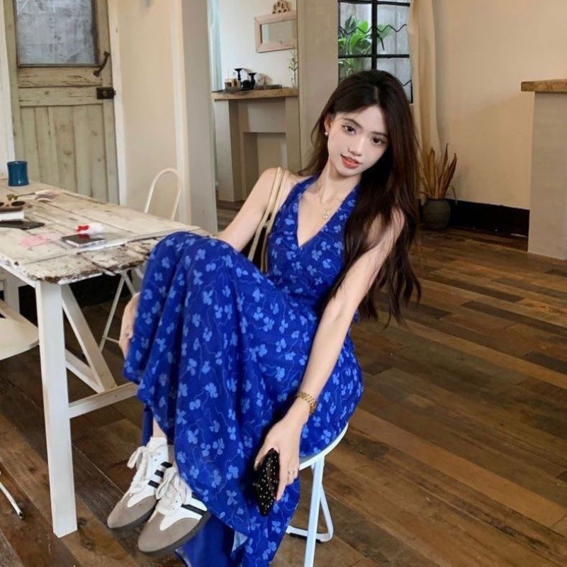 French Blue Floral Strap Dress Summer