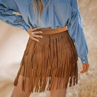 Fashionable Women's Solid Color High Waist Double-layer Tassel Casual Short Skirt
