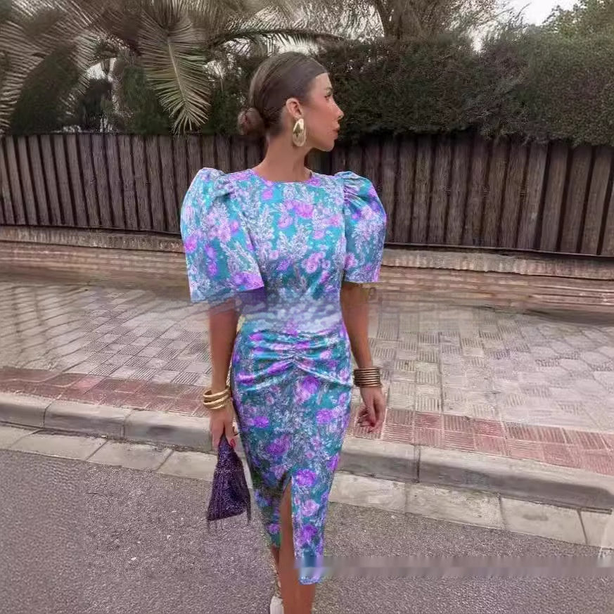 Crew Neck Split Lantern Sleeve Sexy Print Women's Dress