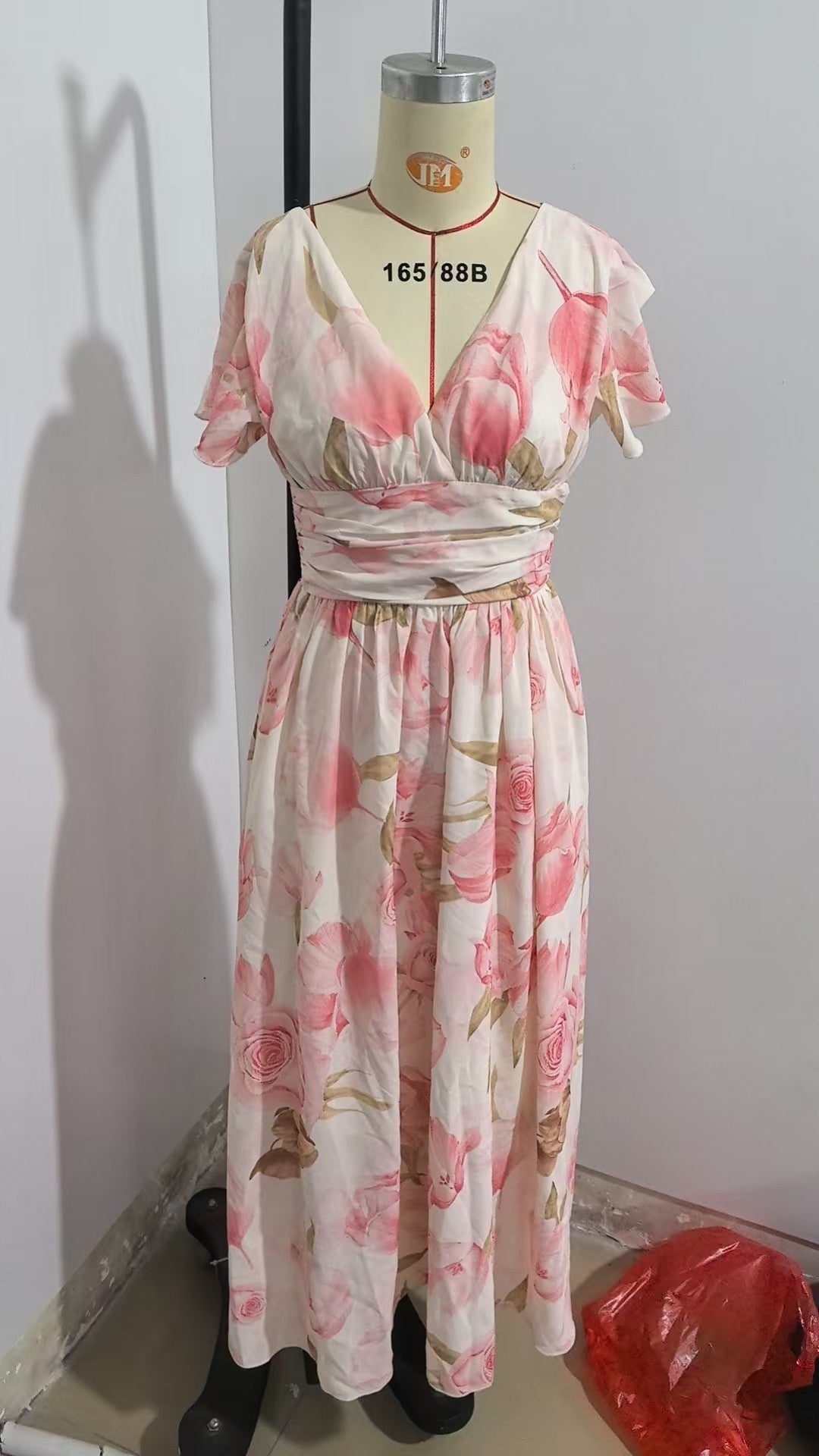 Short Sleeve V-neck Digital Printed Long Skirt Elastic Waist