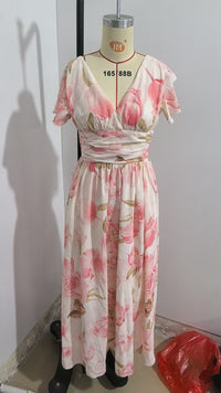 Short Sleeve V-neck Digital Printed Long Skirt Elastic Waist