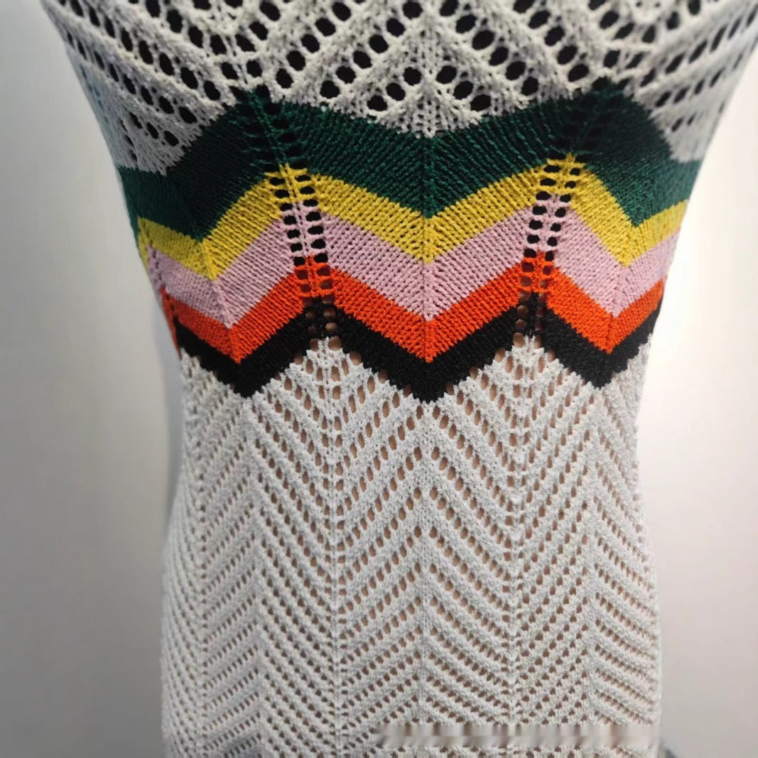 Rainbow Knitted Dress Mid-length Hollow Vest