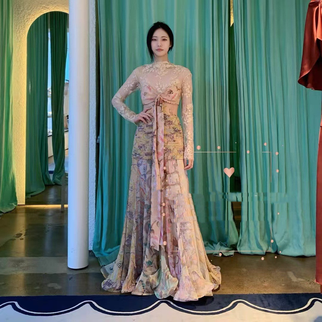 Silk Ribbon Ruffled Skirt Lace Long