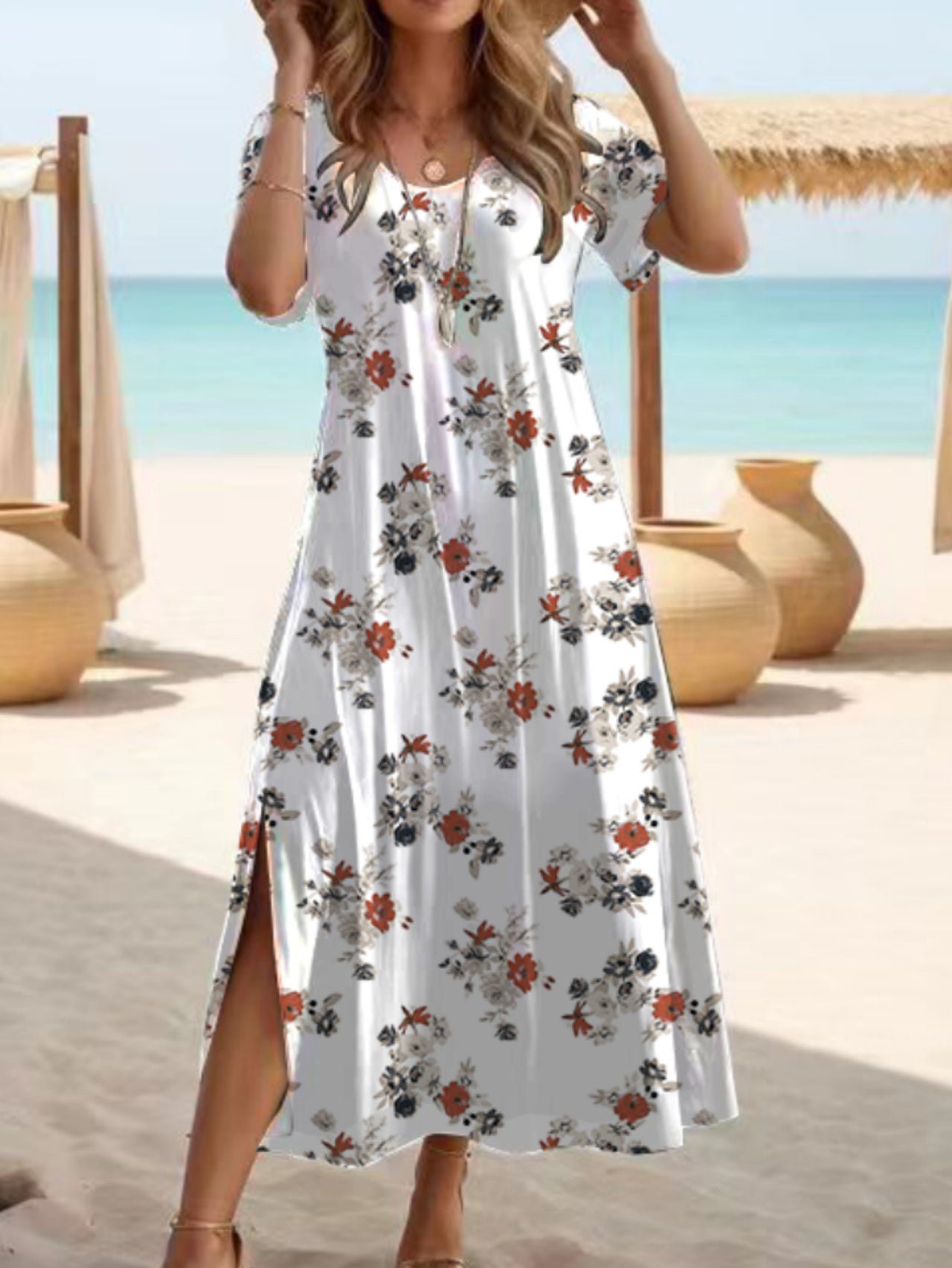 Spring And Summer Women's Elegant Slit Round Neck Dress
