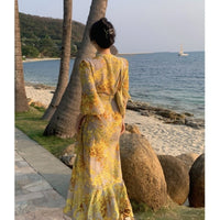 Internet Celebrity Yellow Battle Robe French Style Floral Tea Dress