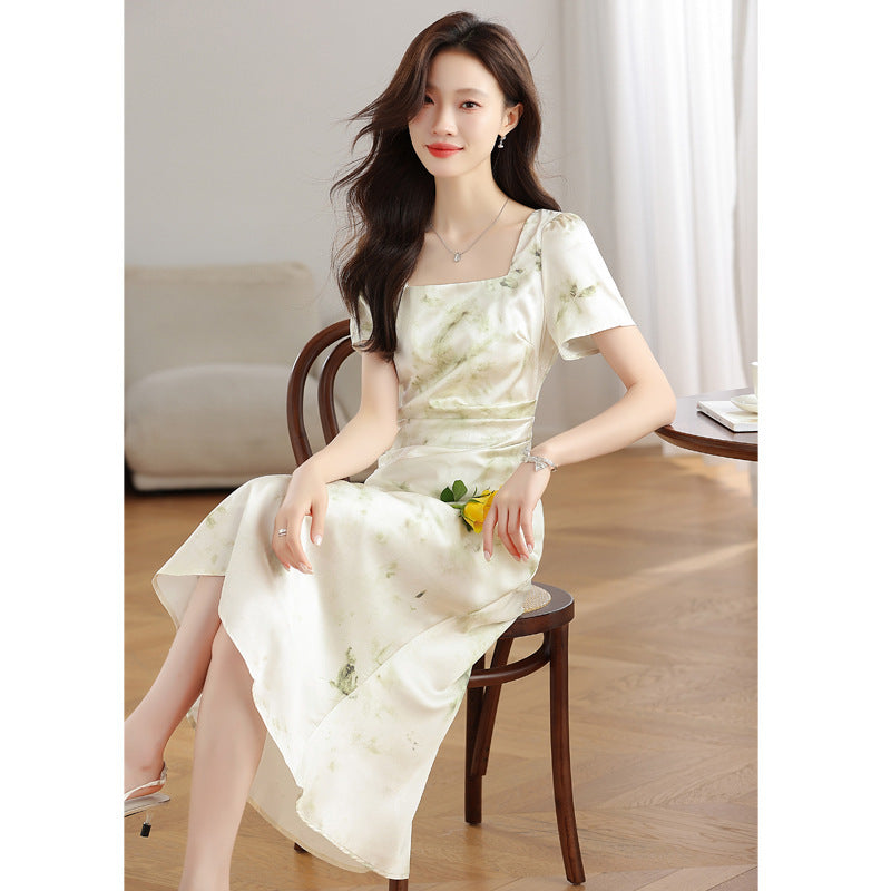 French Square Collar Silk Satin Printed Dress