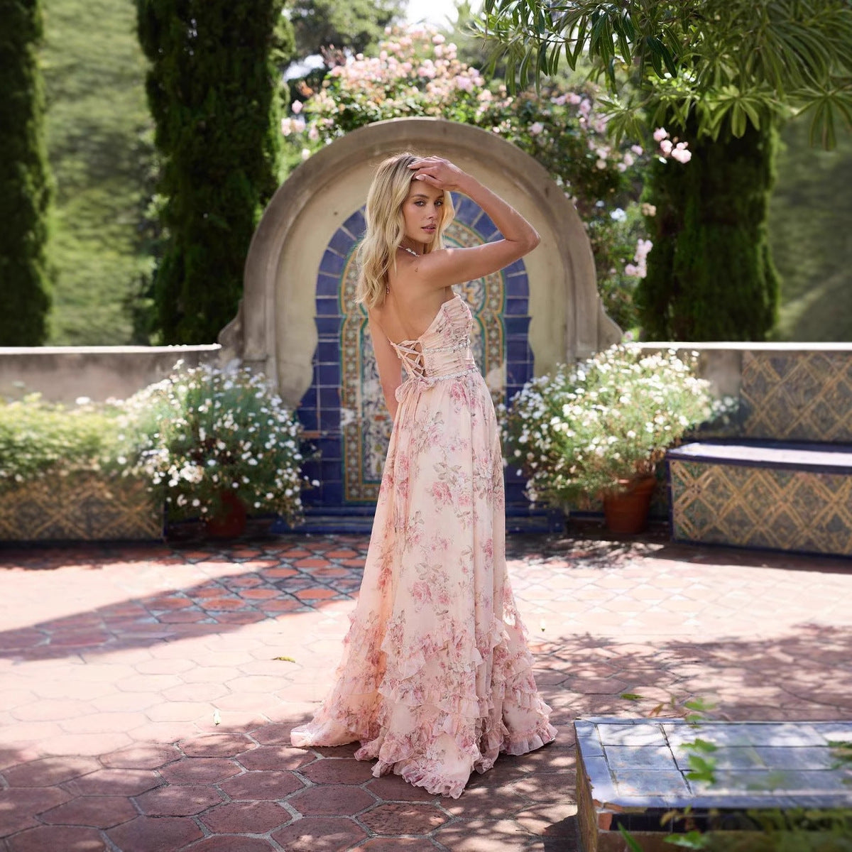 Printed Slim-fit Expansion Skirt For Vacation Suspender Dress