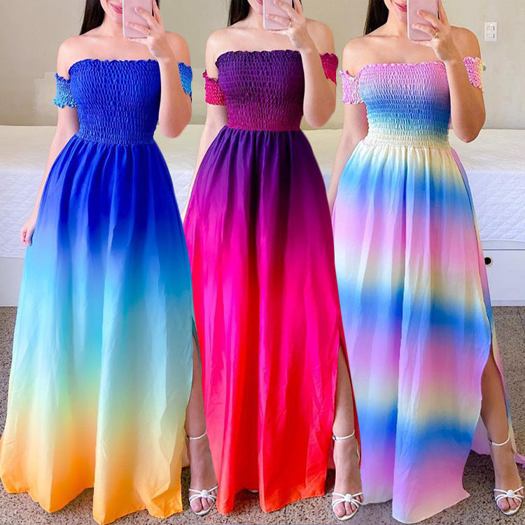 Off-shoulder Printed Butterfly Rainbow Dress