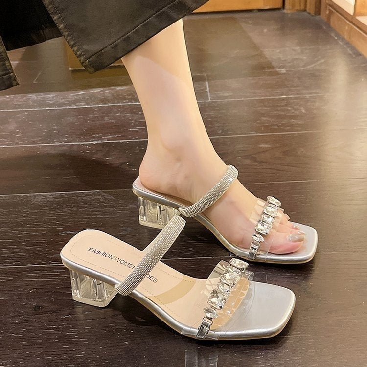 Plus Size Sandals And Slippers Women's Rhinestone Fashion Chunky Heel Shoes
