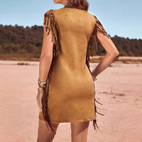 Women's Casual Vacation Bohemian Style Side Fringe Design V-neck Dress