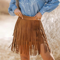 Fashionable Women's Solid Color High Waist Double-layer Tassel Casual Short Skirt