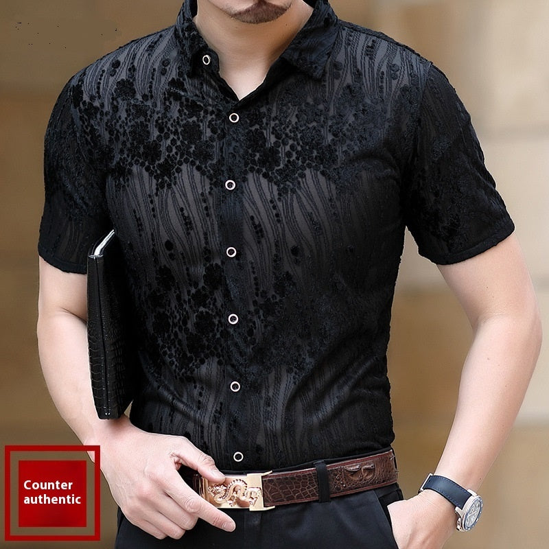 Short Sleeve Hollow Men's Shirt Flocking Embroidered Shirt