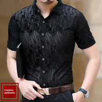 Short Sleeve Hollow Men's Shirt Flocking Embroidered Shirt