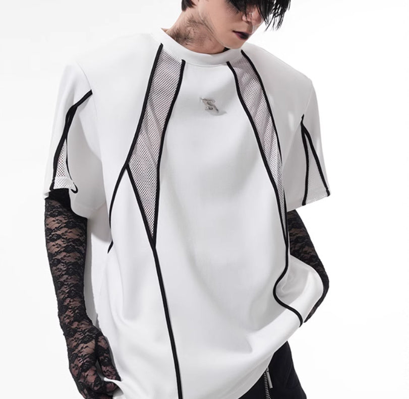 Niche Mesh Hollow Stitching Padded Shoulder Black T
